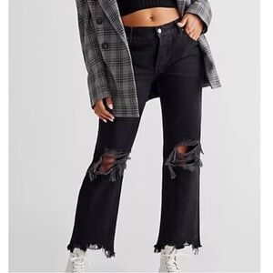 Free People Maggie Mid-Rise Distressed Straight-Leg Jeans Button Fly Size 26